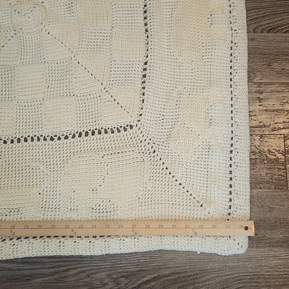 Handmade Knit Baby Blanket Cream Animals Checkerboard Vintage Unisex 35x35